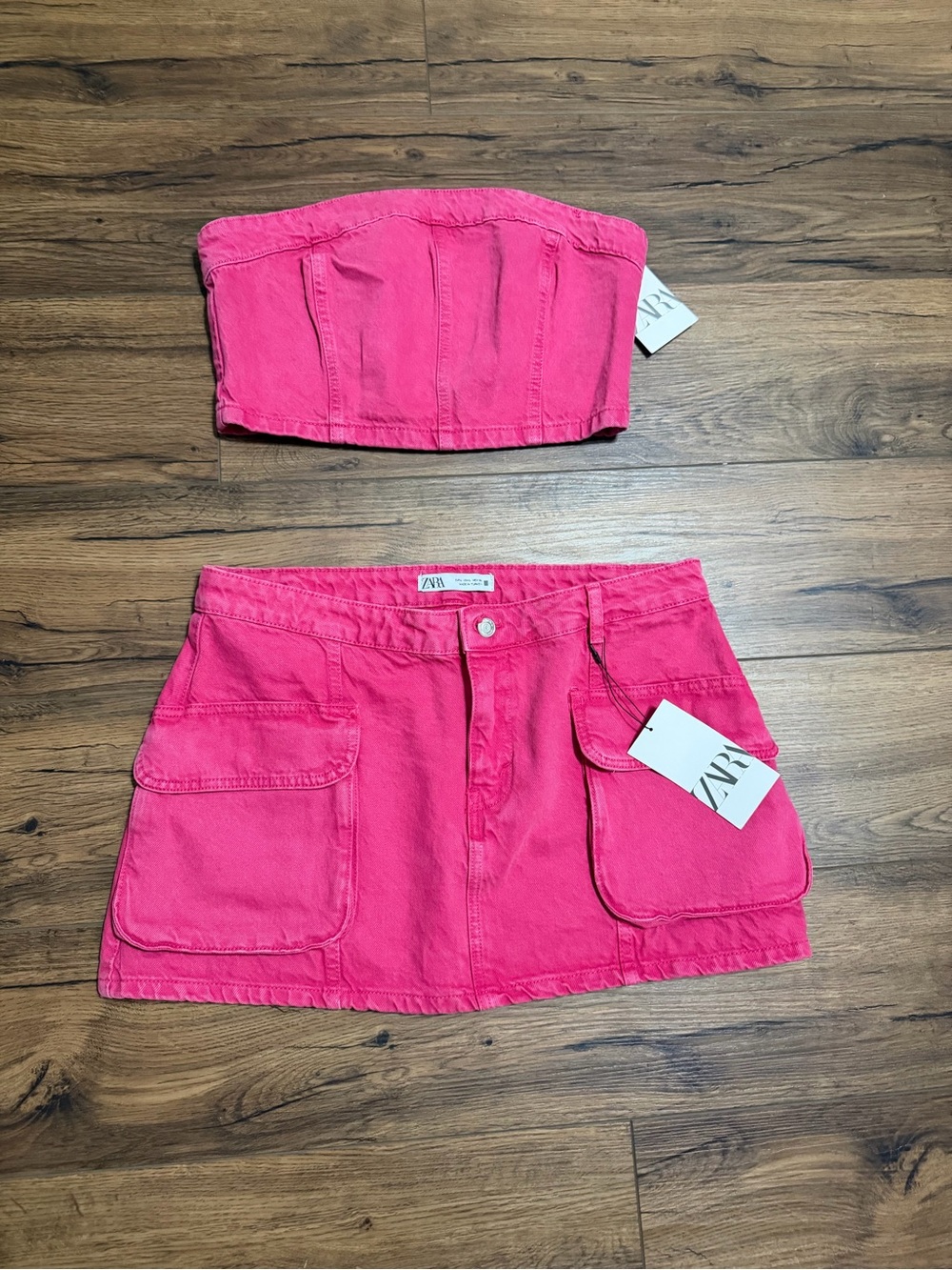 Zara Hot Pink Denim Mini Skirt and Strapless Crop Top Set